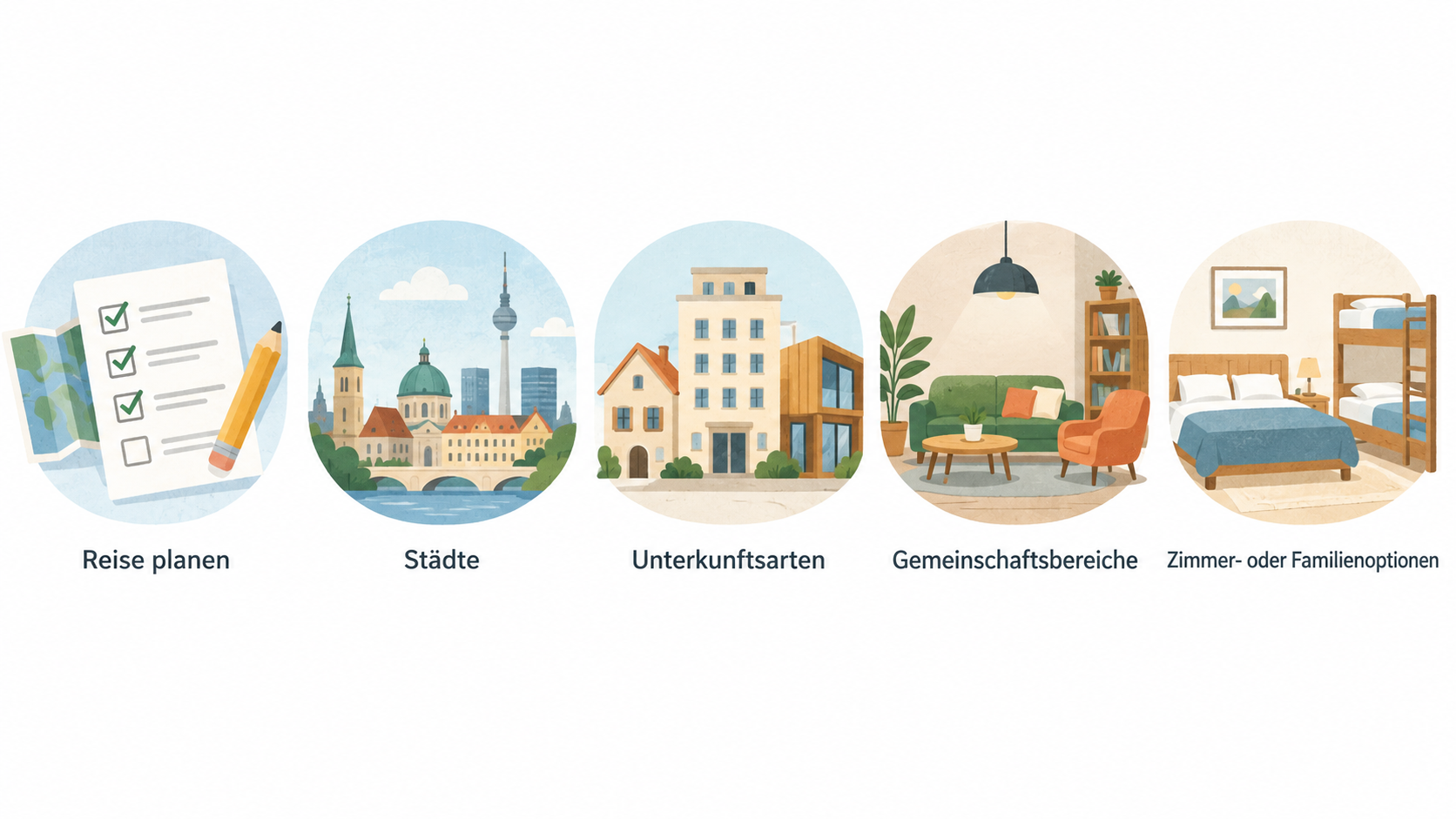 Eine nummerierte 3-Punkte-Checkliste mit „Welche Reise Sie planen“, „Offizielle Angaben einer Kette“ und „Konkrete Reise“; die letzte Stufe umfasst Datum, Adresse, Verbindung,