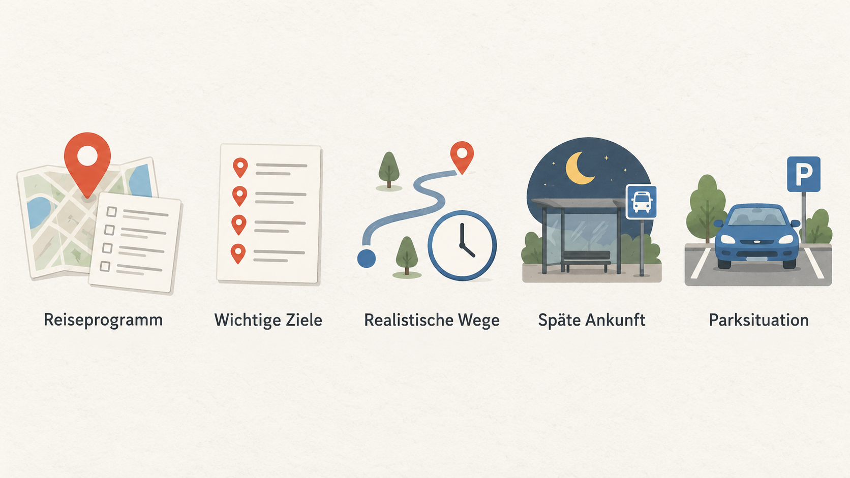 Eine nummerierte Checkliste der vier genannten Lageprüfungen: Reiseprogramm und Ziele; Wege zu Ankunfts- und Abreisezeiten; Parksituation bei Autoanreise; Zusatzkosten und