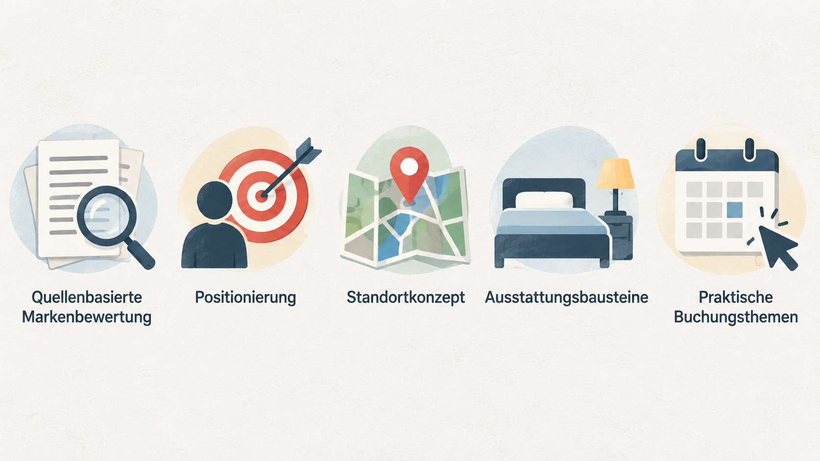 Eine einzelne Reihe aus vier Symbolen zeigt die im Abschnitt genannten Bewertungsbereiche: Positionierung, Standortkonzept, Ausstattungsbausteine und praktische Buchungsthemen.