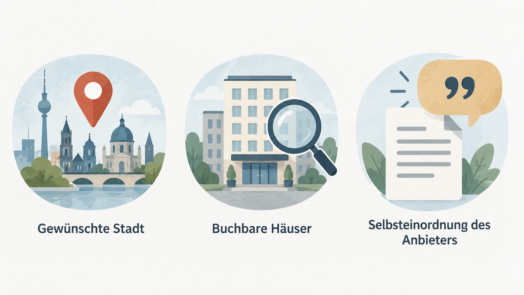 Eine nummerierte Checkliste mit drei Schritten: „Gewünschte Stadt prüfen“, „Lage des konkreten Hotels prüfen“, „Zimmerkategorie und Belegung in der Buchungssuche prüfen“.