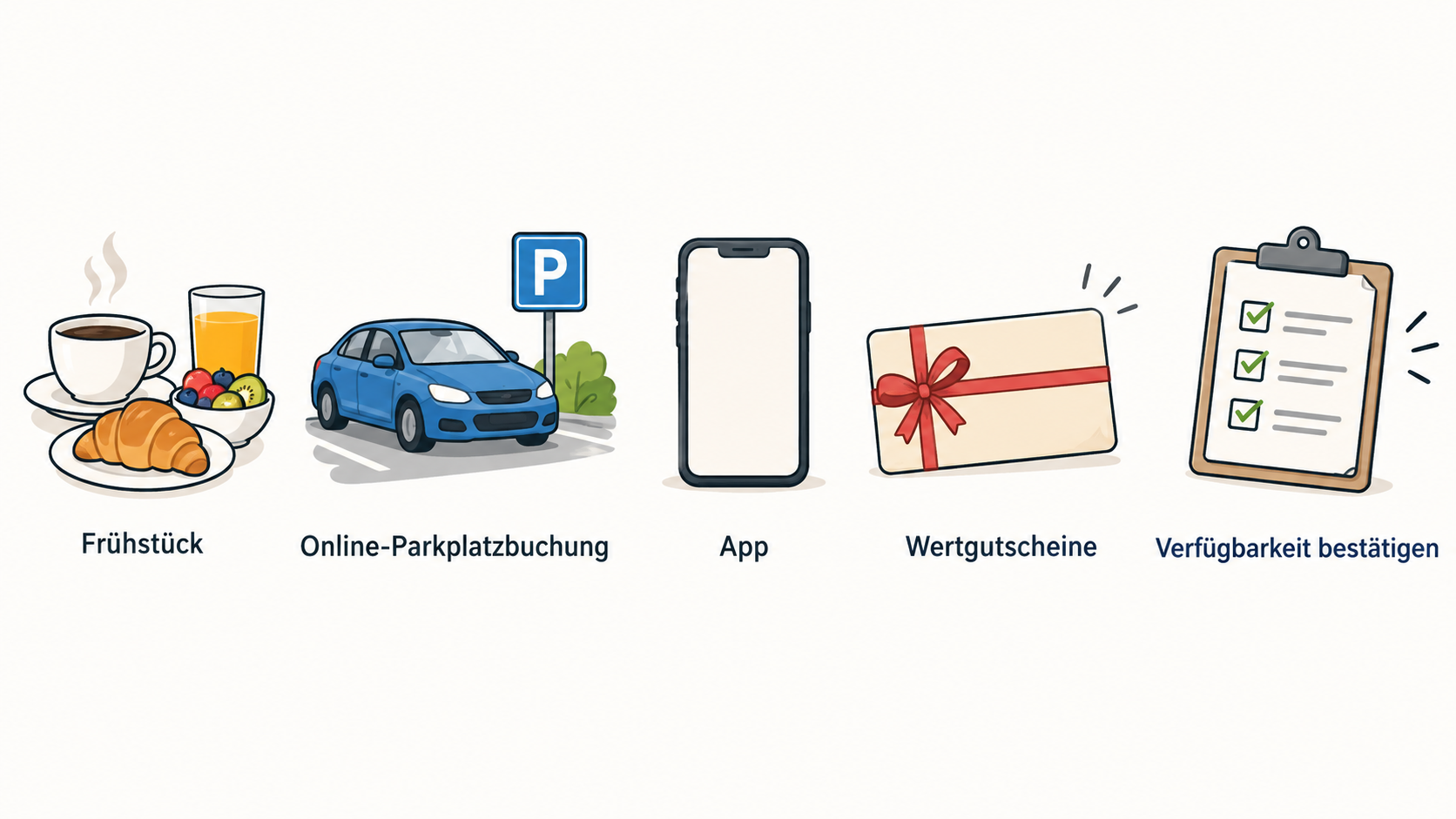 Eine einzelne Reihe aus vier Icons mit den Abschnittslabels „Frühstück“, „Parkplatz“, „App“ und „Wertgutscheine“ zeigen.