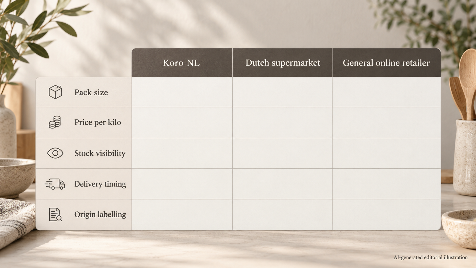 Help readers weigh Koro NL against other ways of buying the same goods using neutral criteria