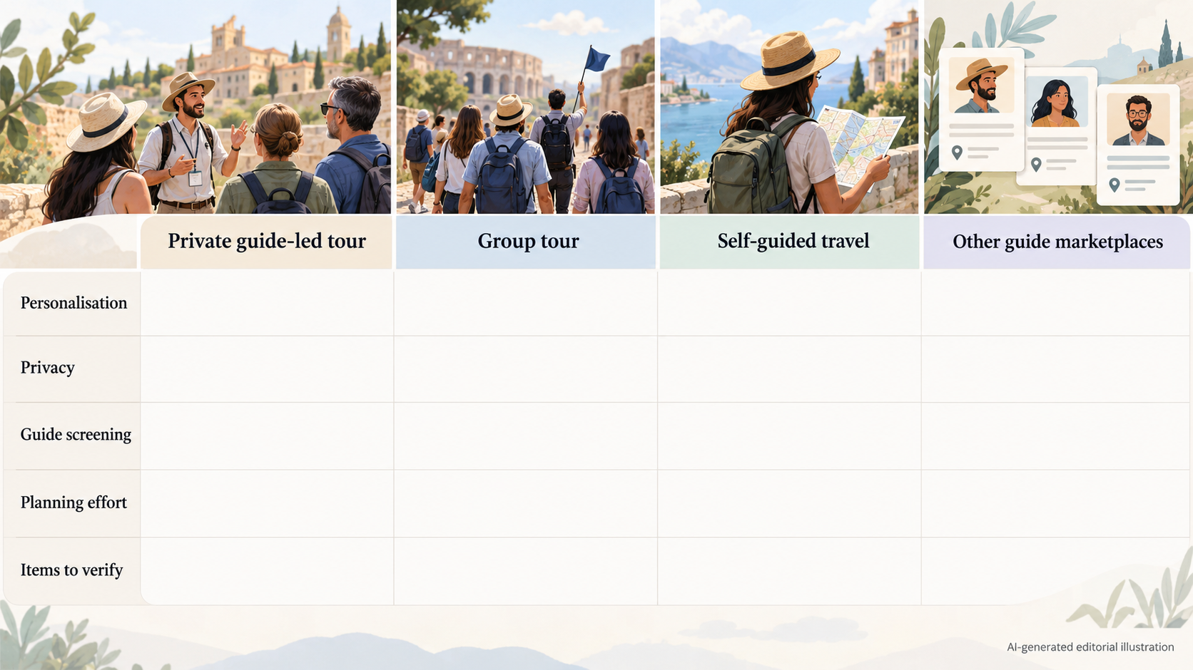 Help readers weigh private guide-led tours against group tours, self-guided travel and other guide marketplaces at category level