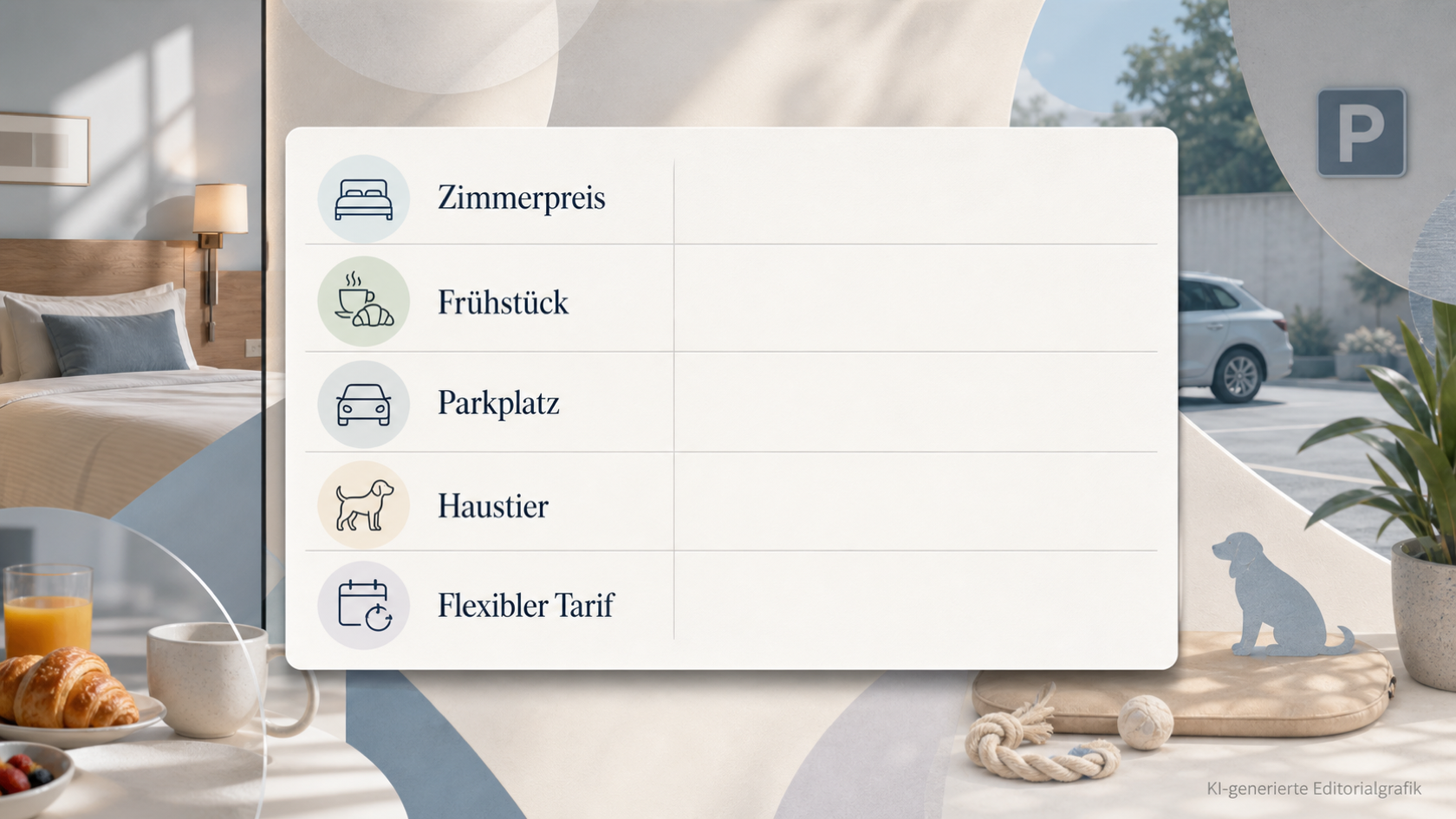 Redaktionelle Illustration zu Budgethotel auswählen: Lage, Zimmer, Frühstück und Buchungsregeln systematisch prüfen